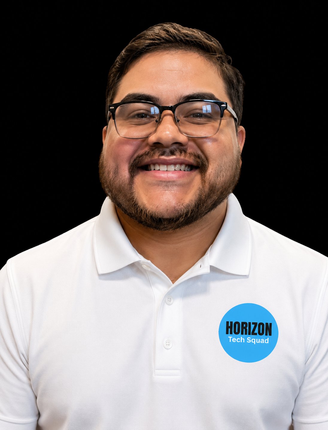 Abraham, Lead Technician at Horizon Tech Squad, smiling in a white polo shirt with the Horizon Tech Squad logo